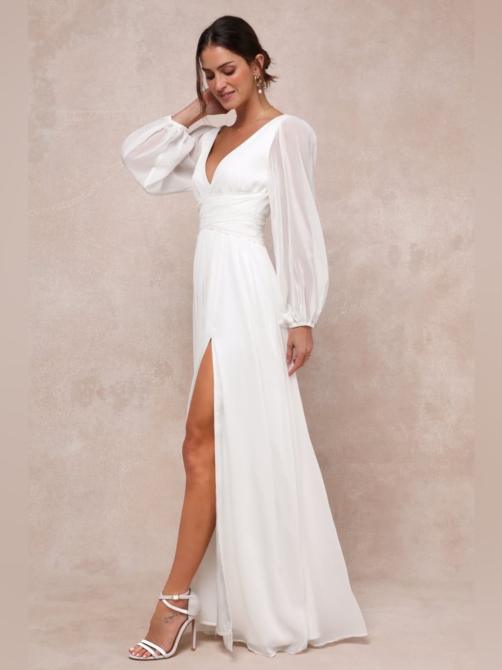 NWT Lulus Enchant My Love White V-Neck Long Sleeve Maxi Dress, Size XS